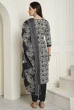 Off White & Grey Cotton Blend Embroidered Straight Kurta & Pant With Dupatta