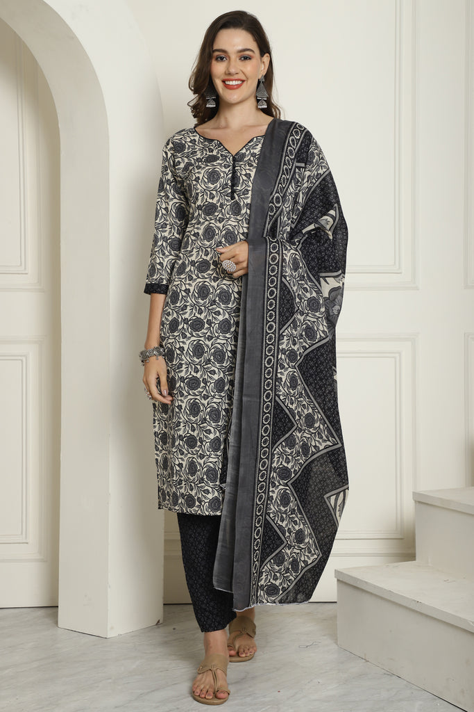 Off White & Grey Cotton Blend Embroidered Straight Kurta & Pant With Dupatta