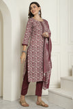 Wine Cotton Blend Embroidered Straight Kurta & Pant With Dupatta