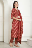 Maroon & Beige Cotton Embroidered Straight Kurta & Pant With Dupatta