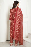 Maroon & Beige Cotton Embroidered Straight Kurta & Pant With Dupatta