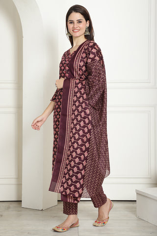 Wine & Beige Cotton Embroidered Straight Kurta & Pant With Dupatta