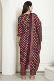 Wine & Beige Cotton Embroidered Straight Kurta & Pant With Dupatta