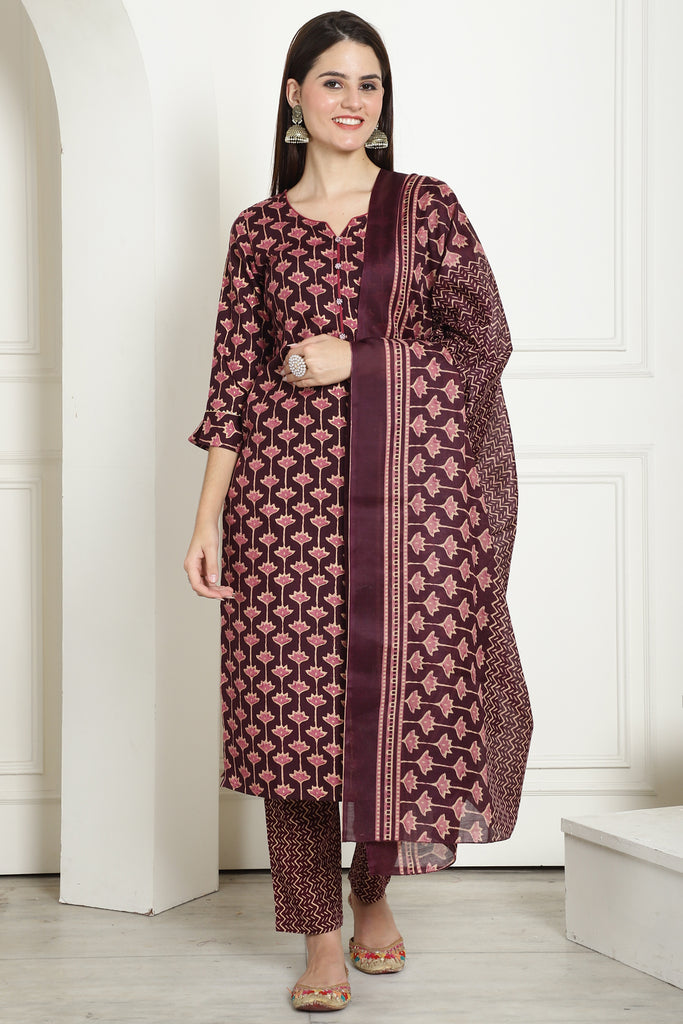 Wine & Beige Cotton Embroidered Straight Kurta & Pant With Dupatta