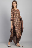 Brown & Beige Cotton Blend Embroidered Straight Kurta & Pant With Dupatta