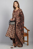 Brown & Beige Cotton Blend Embroidered Straight Kurta & Pant With Dupatta