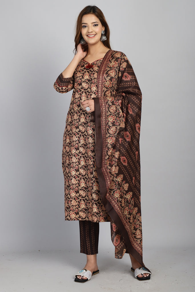 Brown & Beige Cotton Blend Embroidered Straight Kurta & Pant With Dupatta