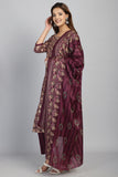 Wine & Beige Cotton Blend Embroidered Straight Kurta & Pant With Dupatta