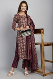 Wine & Beige Cotton Blend Embroidered Straight Kurta & Pant With Dupatta