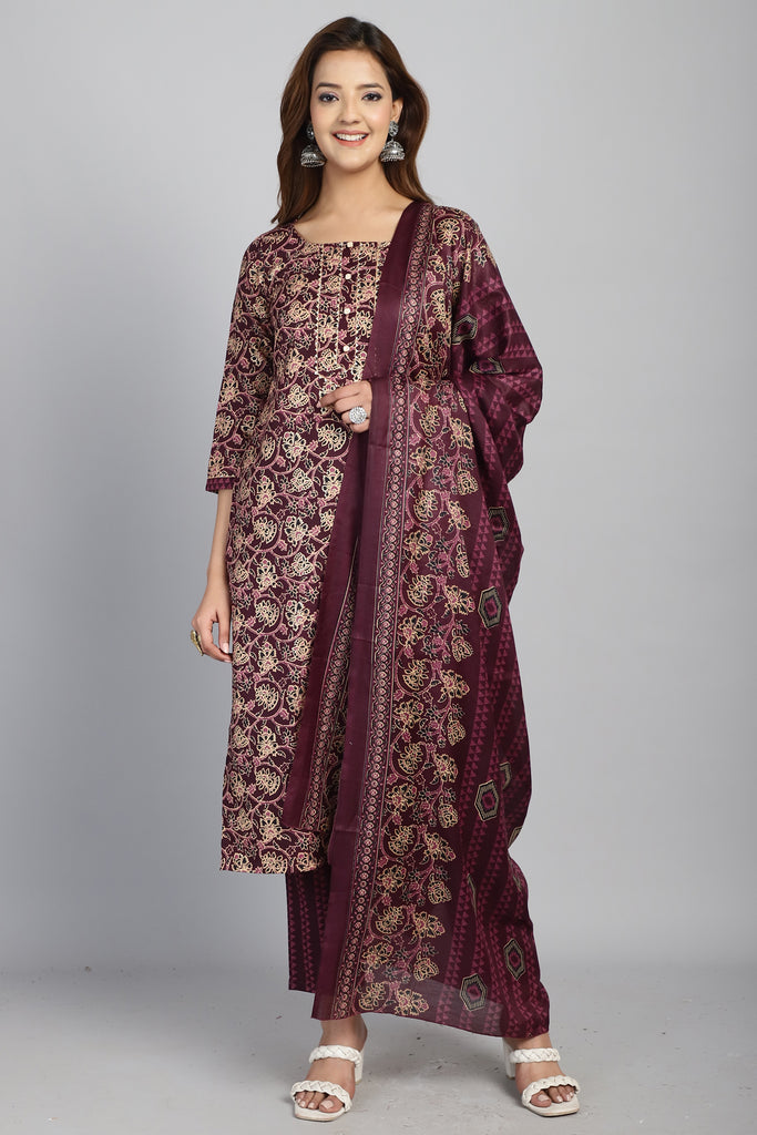 Wine & Beige Cotton Blend Embroidered Straight Kurta & Pant With Dupatta