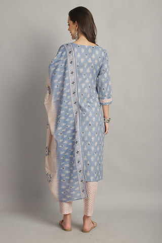 Sky Blue Cotton Embroidered Straight Kurta & Pant With Dupatta