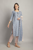 Sky Blue Cotton Embroidered Straight Kurta & Pant With Dupatta