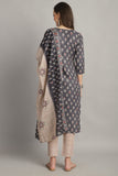 Grey Cotton Embroidered Straight Kurta & Pant With Dupatta