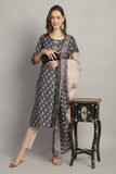 Grey Cotton Embroidered Straight Kurta & Pant With Dupatta