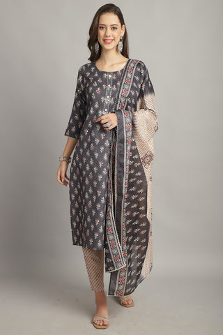 Grey Cotton Embroidered Straight Kurta & Pant With Dupatta