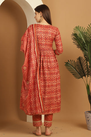 Orange Cotton Slub Embroidered Alia cut  Kurta & Pant With Dupatta