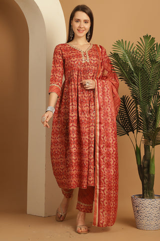 Orange Cotton Slub Embroidered Alia cut  Kurta & Pant With Dupatta