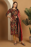 Black & Beige Cotton Blend Embroidered Straight Kurta & Pant With Dupatta