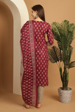 Wine Cotton  Embroidered Straight Kurta & Pant With Dupatta