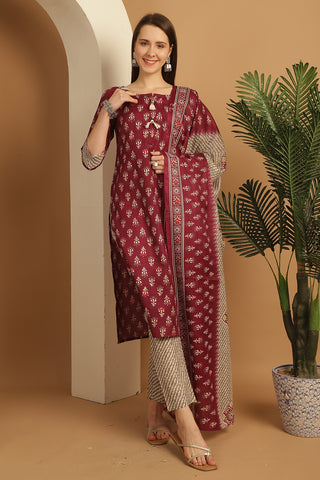 Wine Cotton  Embroidered Straight Kurta & Pant With Dupatta