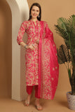 Pink & Beige Cotton Blend Embroidered Straight Kurta & Pant With Dupatta