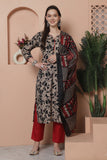 Beige And Black Cotton Blend Embroidered Straight Kurta & Pant With Dupatta