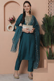 Teal Green Poly Silk Embroidered Straight Kurta & Pant With Dupatta