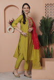 Lime Green Poly Silk Embroidered Straight Kurta & Pant With Dupatta