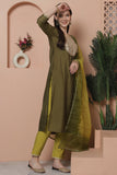 Olive Green Poly Silk Embroidered Straight Kurta & Pant With Dupatta