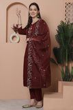 Maroon Poly Silk Embroidered Straight Kurta & Pant With Dupatta