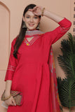 Fuchsia Pink Poly Silk Embroidered A Line Kurta & Pant With Dupatta