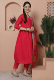 Fuchsia Pink Poly Silk Embroidered A Line Kurta & Pant With Dupatta