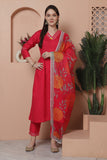 Fuchsia Pink Poly Silk Embroidered A Line Kurta & Pant With Dupatta