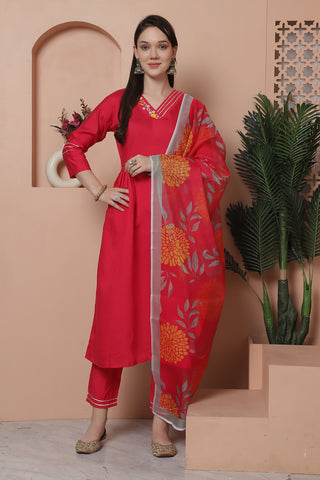 Fuchsia Pink Poly Silk Embroidered A Line Kurta & Pant With Dupatta