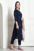 Navy Blue Poly Silk Embroidered Straight Kurta & Pant With Dupatta