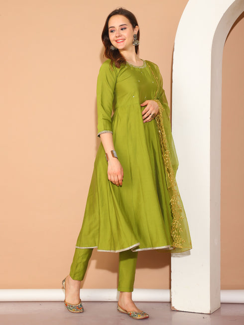 Green Poly Silk Embroidered Anarkali Kurta & Pant With Dupatta