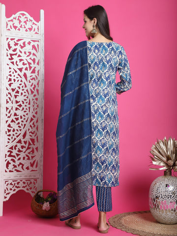 Teal Blue & Beige Rayon Embroidered Straight Kurta & Pant With Dupatta