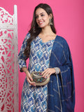 Teal Blue & Beige Rayon Embroidered Straight Kurta & Pant With Dupatta