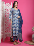 Teal Blue & Beige Rayon Embroidered Straight Kurta & Pant With Dupatta