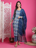 Teal Blue & Beige Rayon Embroidered Straight Kurta & Pant With Dupatta