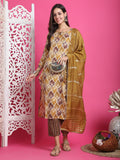 Mustard & Beige Rayon Embroidered Straight Kurta & Pant With Dupatta