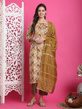 Mustard & Beige Rayon Embroidered Straight Kurta & Pant With Dupatta