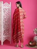 Maroon & Beige Rayon Embroidered Straight Kurta & Pant With Dupatta