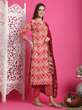 Maroon & Beige Rayon Embroidered Straight Kurta & Pant With Dupatta