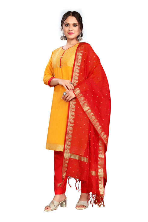 Yellow Chanderi Silk Embroidered Straight Kurta & Pant With Dupatta