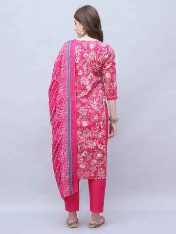 Pink Cotton Blend Embroidered Straight Kurta & Pant With Dupatta