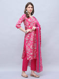 Pink Cotton Blend Embroidered Straight Kurta & Pant With Dupatta