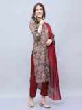 Brown Cotton Blend Embroidered Straight Kurta & Pant With Dupatta