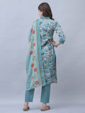 Turquoise Cotton Blend Embroidered Straight Kurta & Pant With Dupatta