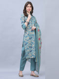 Turquoise Cotton Blend Embroidered Straight Kurta & Pant With Dupatta